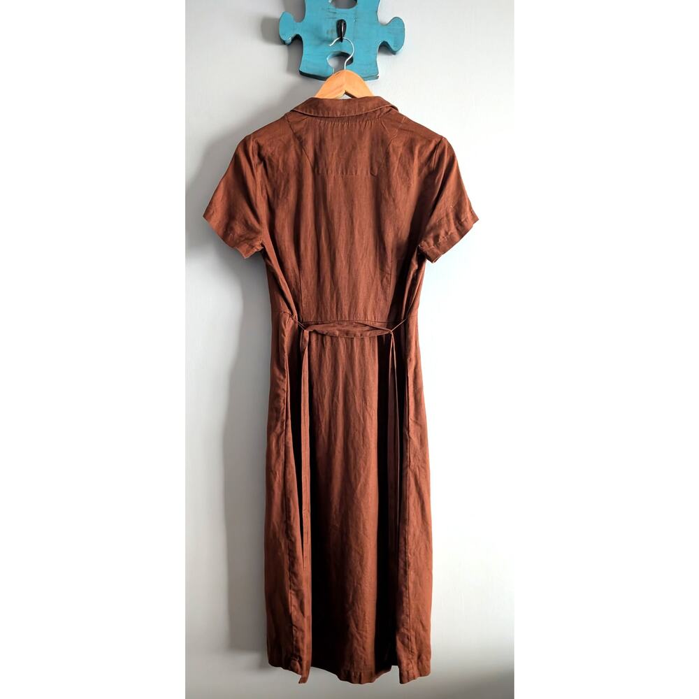 Quince 100% Linen Button Front Dress S Terracotta Rust Midi Pocket Notch Collar - Picture 11 of 16